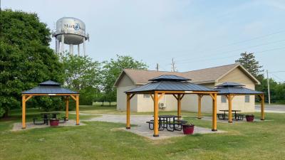 Picnic tables and shelters at Radar Park