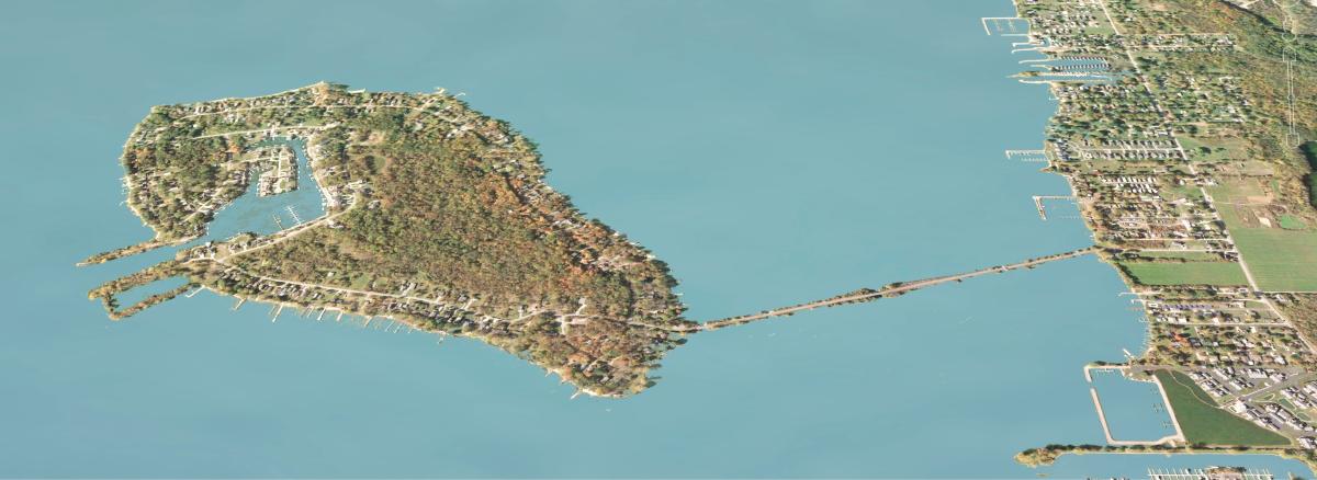 Oblique aerial photo looking down at Johnson's Island